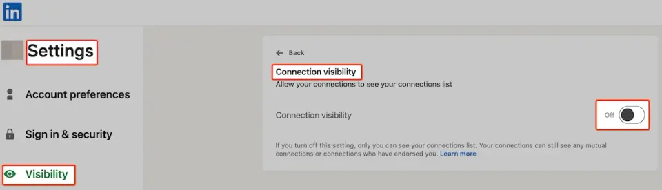 LinkedIn connections visibility setting