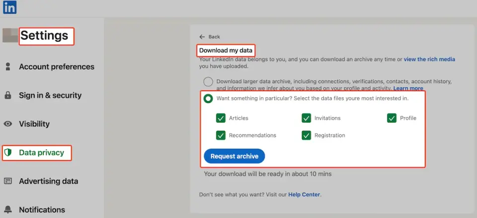 LinkedIn option to download a copy of account data