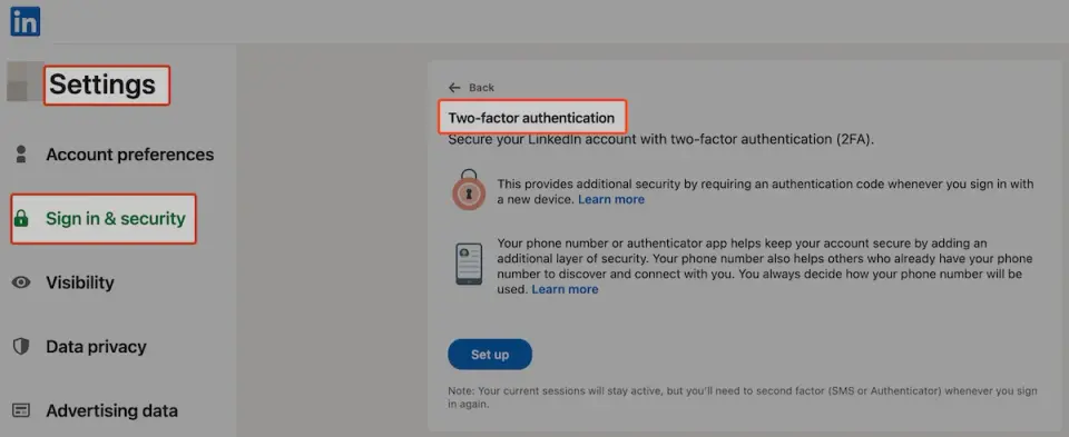 LinkedIn two-step verification settings