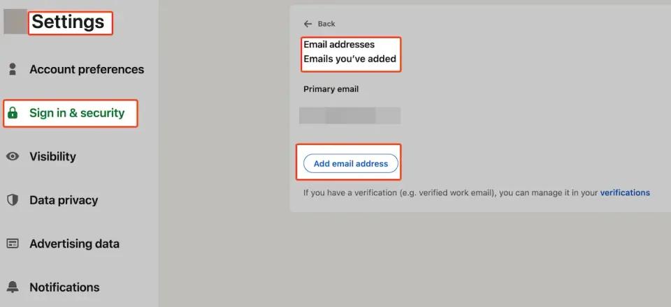 LinkedIn contact and account recovery information settings
