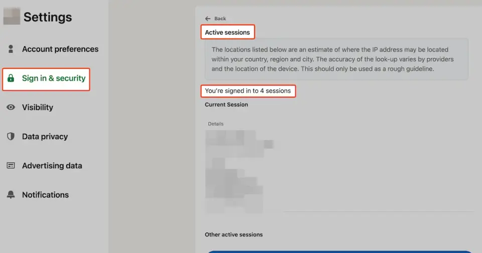 LinkedIn active sessions review screen