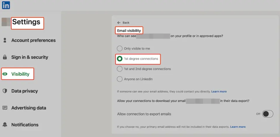 LinkedIn email visibility privacy setting